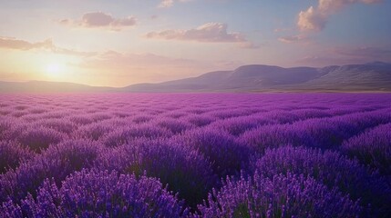 Obraz premium Sunset over vast lavender field in mountains.