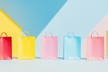 Vibrant shopping bags stand against a pastel backdrop, symbolizing retail therapy, consumerism, and the allure of purchasing