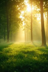 Naklejka premium the sun shines through the trees in a green forest