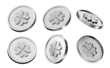 Fototapeta premium clover coin 3d illustration. set of coins in different view. 3d rendering of metallic coins for business and finance