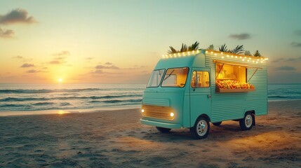 An oceanfront taco truck at sunset