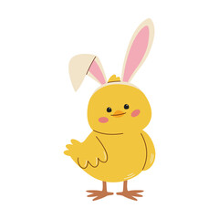 Funny chick wearing rabbit ears,  isolated on white background. Flat vector illustration
