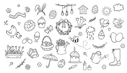 Obraz premium Spring. Easter doodles set. Hand drawn vector illustration. Isolated on white background.