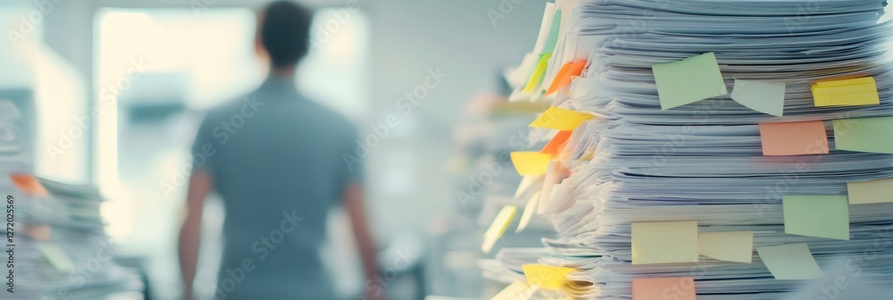 Aufkleber Stack of documents with colorful sticky notes symbolizes multitasking and time management challenges. A blurred figure in the background represents the chaos of a hectic work environment