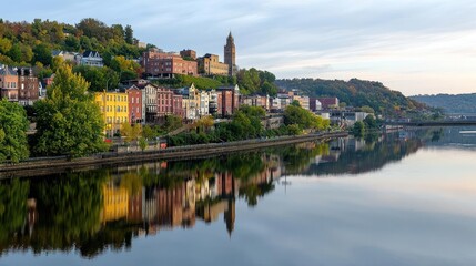 Colorful Houses Reflected in Calm River at Dawn