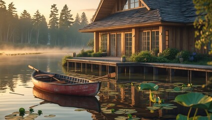 Obraz premium Tranquil lakeside retreat with a wooden cottage and a red canoe at dawn