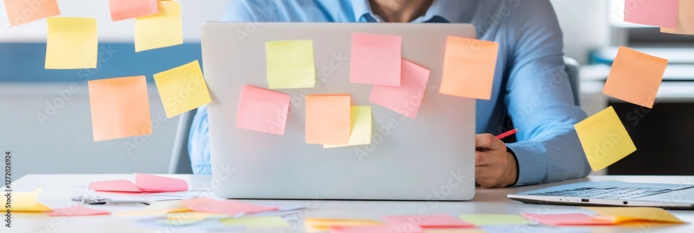 Aufkleber Office worker surrounded by colorful sticky notes, illustrating multitasking and time management challenges. The scene conveys stress and chaos in a busy work environment with looming deadlines