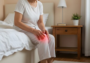 Elderly Woman with Knee Pain in a Serene Bedroom, Subtle Pain Glow
