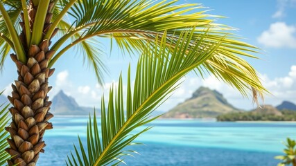 Fototapeta premium Cutout style yucca palm plant in front of a beautiful tropical island landscape, plant, island, palm