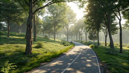 Obraz premium Cycle path passing through a sunlit forest clearing, serene atmosphere, autumn forest, outdoor cycle path, soft focus, forest clearing