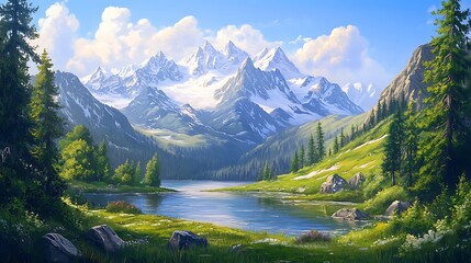 Fototapeta premium Towering Peaks Alpine Forest Calm Lake Breathtaking Scenic Landscape