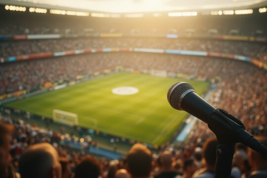 microphone in front of a soccer stadium