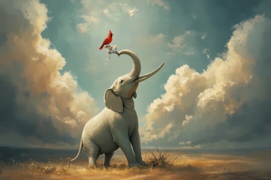 an elephant with a red bird on its back