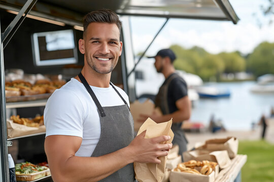 Man smiling while serving food from a food truck by the waterfront in summer