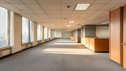 Empty Modern Office Space with Sunlight Streaming Through Windows
