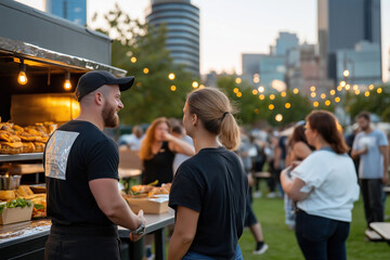Enjoying food and conversation at an outdoor food festival in the city during sunset
