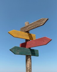 Colorful Directional Signpost Against Clear Blue Sky in Outdoor Scenery for Travel and Adventure Themes