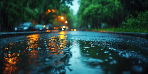 Rainy urban street with glowing reflections from streetlights in the evening