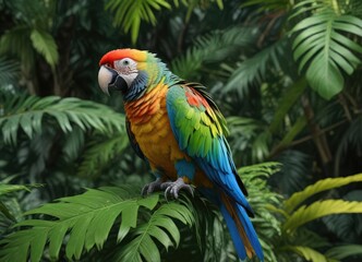 Obraz premium Detailed image of a brightly colored parrot's feathers against a backdrop of lush tropical leaves, bird's plumage, textured background
