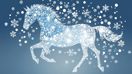 Snowflake-covered horse silhouette against blue background