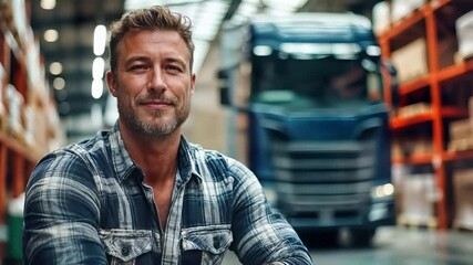Professional freight transport worker in warehouse with truck. Confident logistics expert with cargo distribution experience. Industrial business portrait of successful transportation