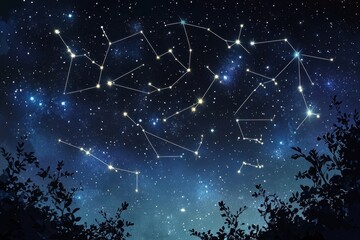 Constellations of stars are shining brilliantly in the night sky