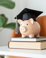 Piggy Bank with Graduation Cap on Books Symbolizing Education Savings and Financial Literacy for Students