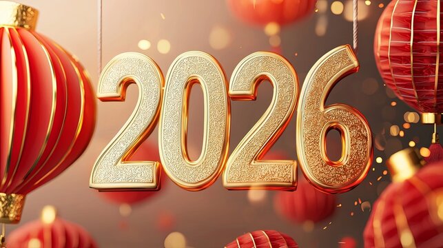 2026 in gold with red lanterns celebrating chinese new year festivities