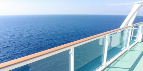 Obraz premium Elegant white railing supporting a glass railing on a cruise ship's deck with an endless blue horizon, vessel, ocean view