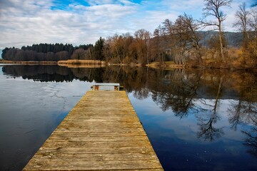 small pond of Dietrichstein in the Southern Austrian province of Carinthia on a cold autumn day with water reflection