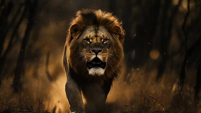 Scene of lion walking on dark background, smooth repeating motion for background video animation