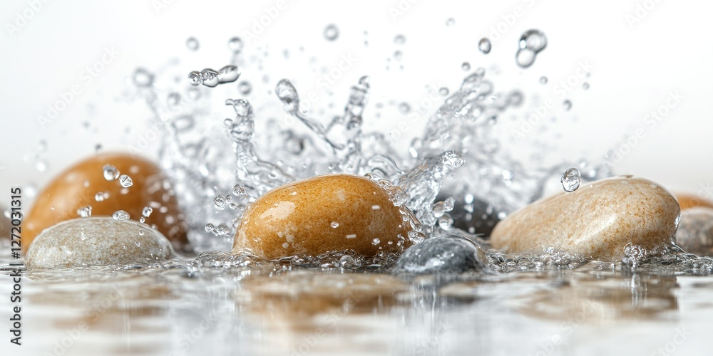 Poster water splashes around smooth stones creating dynamic patterns in serene setting