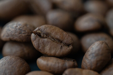 Macro close-up of roasted coffee beans