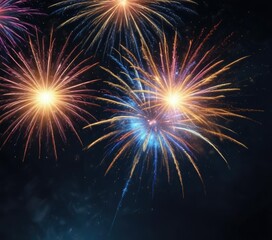 Fototapeta premium Exploding fireworks with colorful stars against a dark blue background, vibrant, fireworks