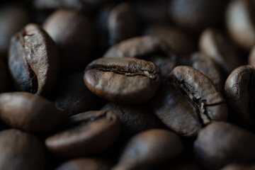 Macro shot of roasted coffee beans with rich texture