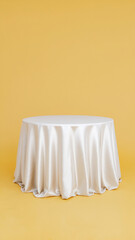 A round table covered with a white cloth, set against a soft yellow background, showcasing simplicity, elegance, and clean modern design.