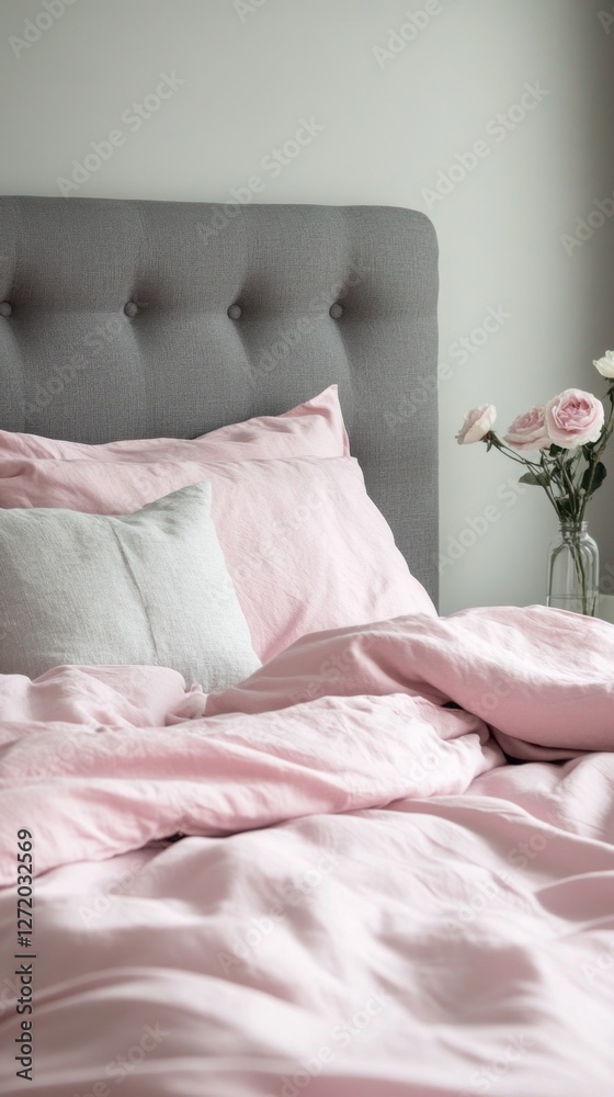 Aufkleber a serene bedroom is adorned with a grey upholstered headboard and queen-sized pink bed sheets that c