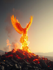 Flames rising from the ashes, phoenix-like rebirth, flames on ash, rebirth