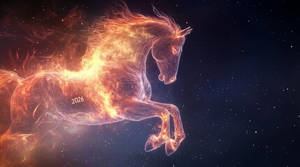 Fiery horse with cosmic flames gallops through space in celestial artwork 2026