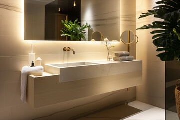 A tastefully designed bathroom featuring a suspended sink that seamlessly blends function with aesthetic appeal