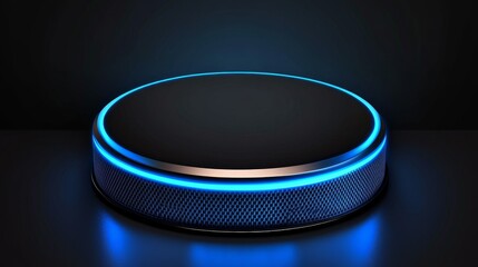 Modern smart speaker with glowing blue light on a dark reflective surface, showcasing technology