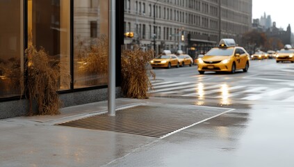 Obraz premium Rainy city street scene with yellow taxis blurred in the background, focus on a grate near a modern building