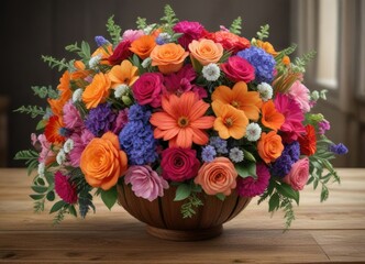 Obraz premium Freshly cut flowers arranged in a decorative bouquet on a wooden table, fresh cut flowers, pretty, wooden table