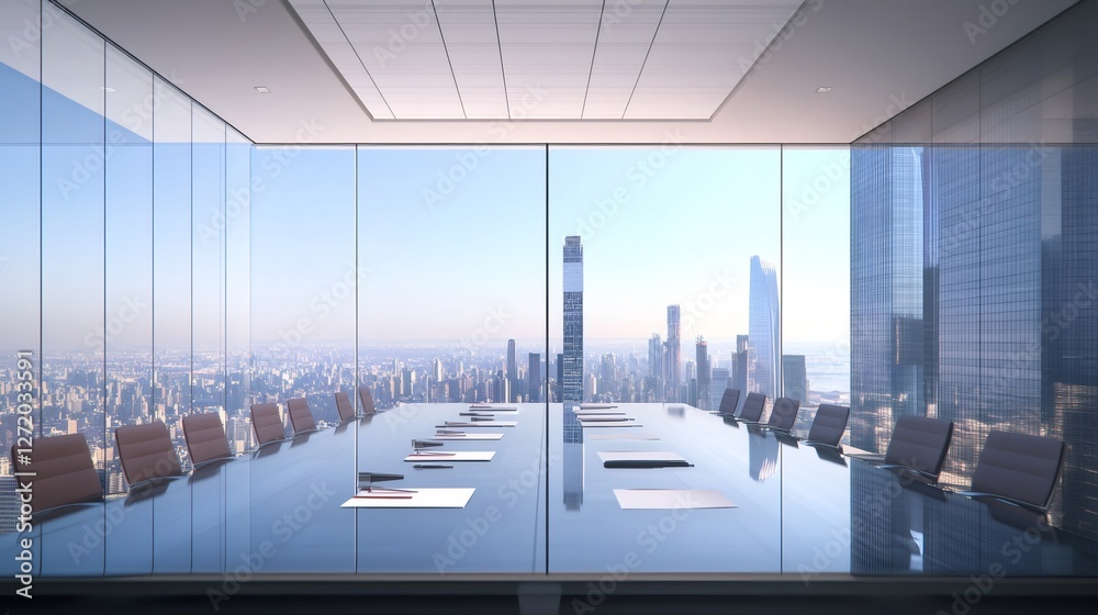 Poster large meeting table with documents and stationery is ready for a business meeting in a modern office