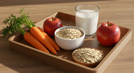 Carrots, apple, oat flakes and milk displayed on a wooden tray promote healthy eating habits for a balanced lifestyle.