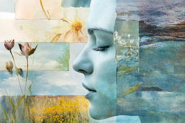 Generative AI surreal spring collage of a young woman intertwined with nature and delicate floral elements