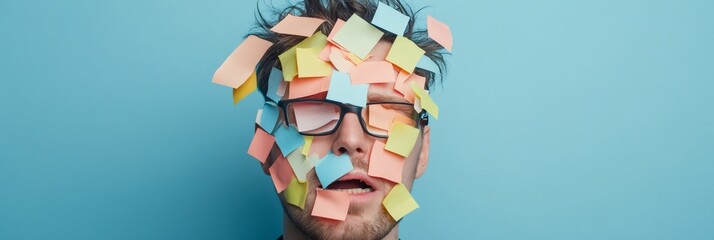 Stressed professional struggles with time management and multitasking, face covered in colorful sticky notes. Represents chaos and pressure of meeting deadlines in a busy work environment