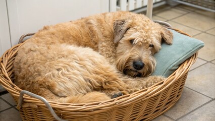Furry Irish Soft Coated Wheaten Terrier curled up in basket, cozy scene, , sleeping dog, wicker basket, snuggle time