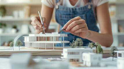 Woman meticulously assembling architectural model with precision tools.