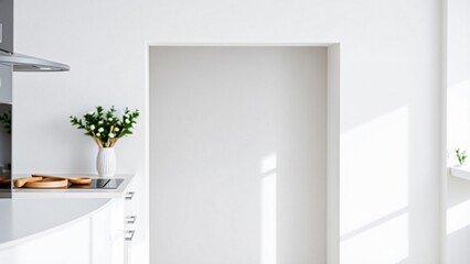 Minimalist White Kitchen Interior with Sunlight and Floral Decor